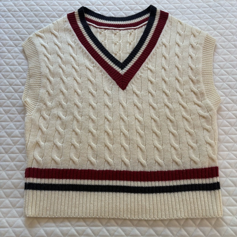 Ray Beams Cable Knit Sweater Vest Size XL Cream Color Red Navy Tennis Preppy